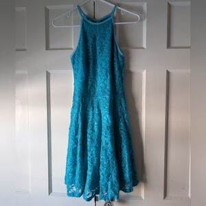 Sparkly Turquoise Lace Halter Keyhole Back Special Occasion Dress Like New Small